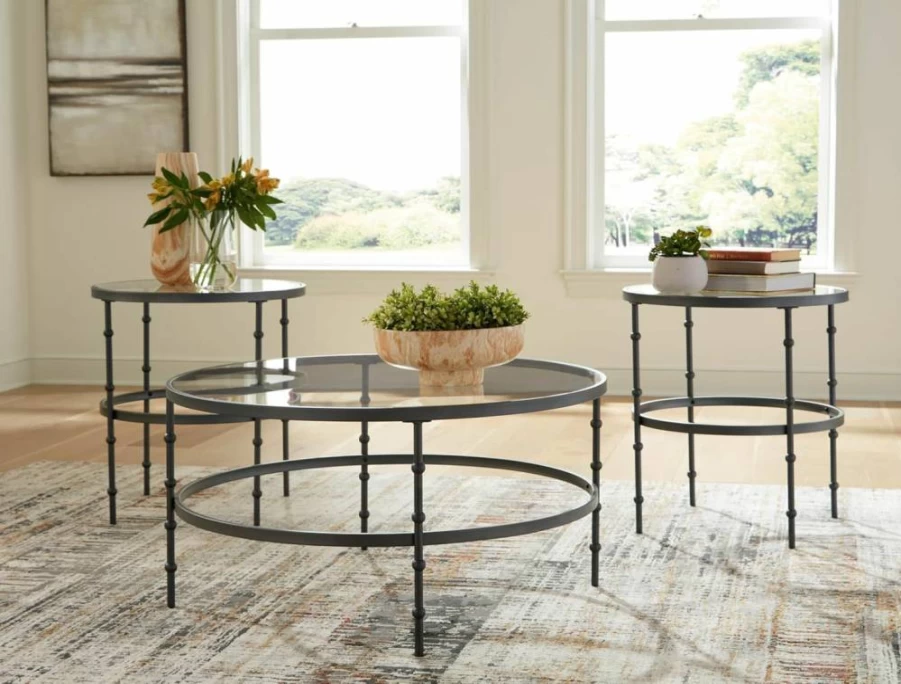Signature Design by Ashley Kellyco Industrial Gray Glass-Top Living Room Table Set of 3