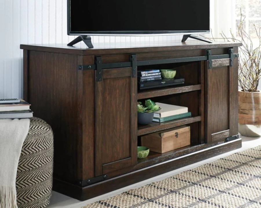 Signature Design by Ashley Carynhurst 48" Farmhouse TV Stand with Sliding Barn Doors & Adjustable Shelves, Whitewash Finish
