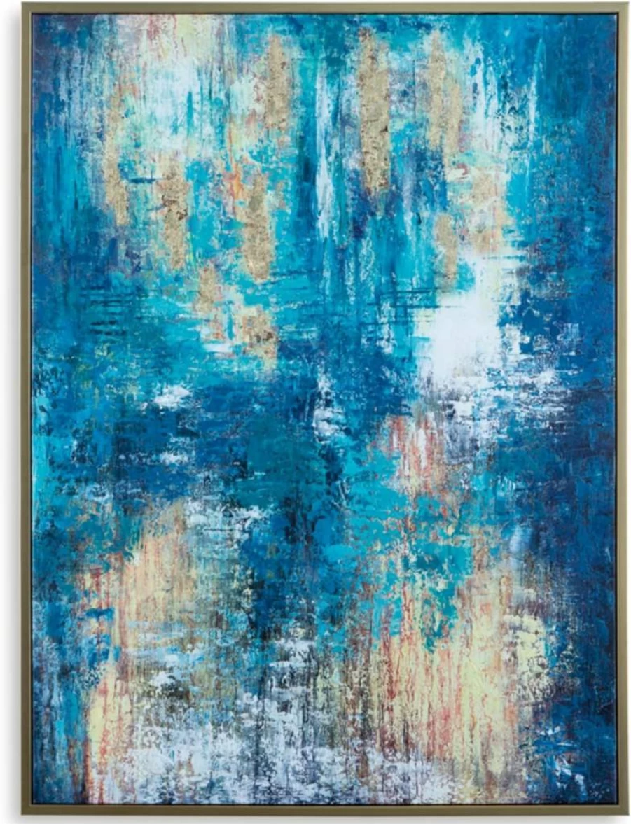 Signature Design by Ashley Scarlite Hand-Painted Abstract Canvas Wall Art - 36x48 Inches, Blue & Yellow Contemporary Rectangle Painting
