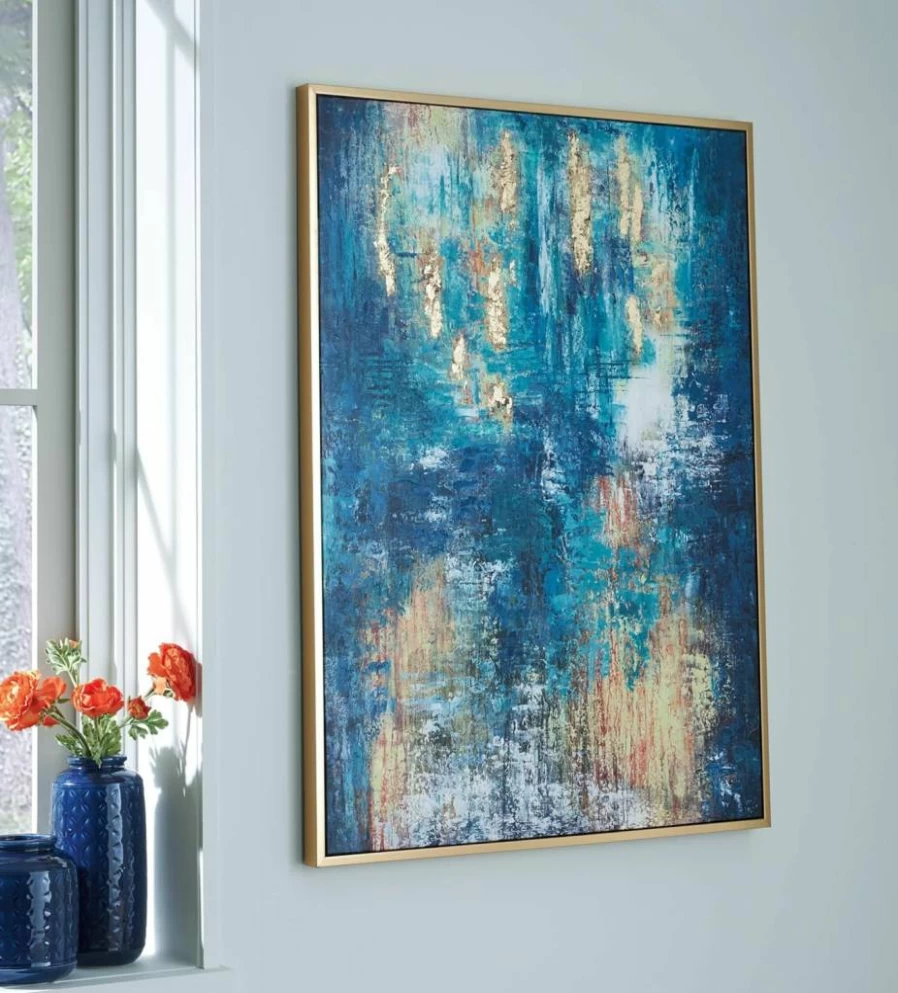 Signature Design by Ashley Scarlite Hand-Painted Abstract Canvas Wall Art - 36x48 Inches, Blue & Yellow Contemporary Rectangle Painting
