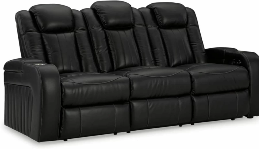 Signature Design by Ashley Brown Faux Leather Power Reclining Sofa with Adjustable Headrest - Owner's Box Collection