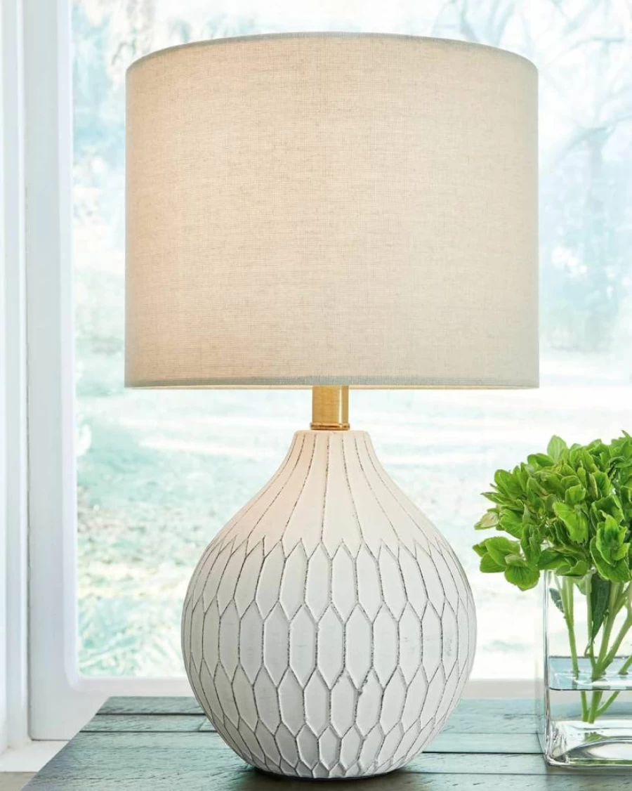 Signature Design by Ashley Wardmont 18-Inch White Ceramic Table Lamp - Modern Dimensional Design for Home Decor