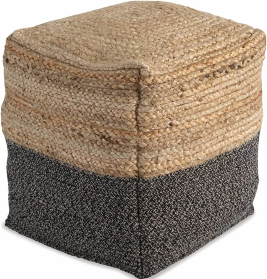 Signature Design by Ashley Sweed Valley Farmhouse Jute Pouf Ottoman, 17.5" x 20.25" Natural & Black Braided Round Footstool