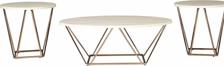 Signature Design by Ashley Tarica Modern 3-Piece Coffee Table Set - White & Gold Glass Top with Metal Frame, Includes Coffee Table and 2 End Tables