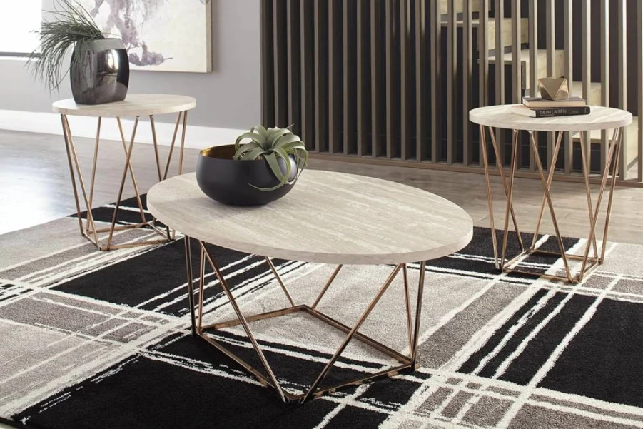 Signature Design by Ashley Tarica Modern 3-Piece Coffee Table Set - White & Gold Glass Top with Metal Frame, Includes Coffee Table and 2 End Tables