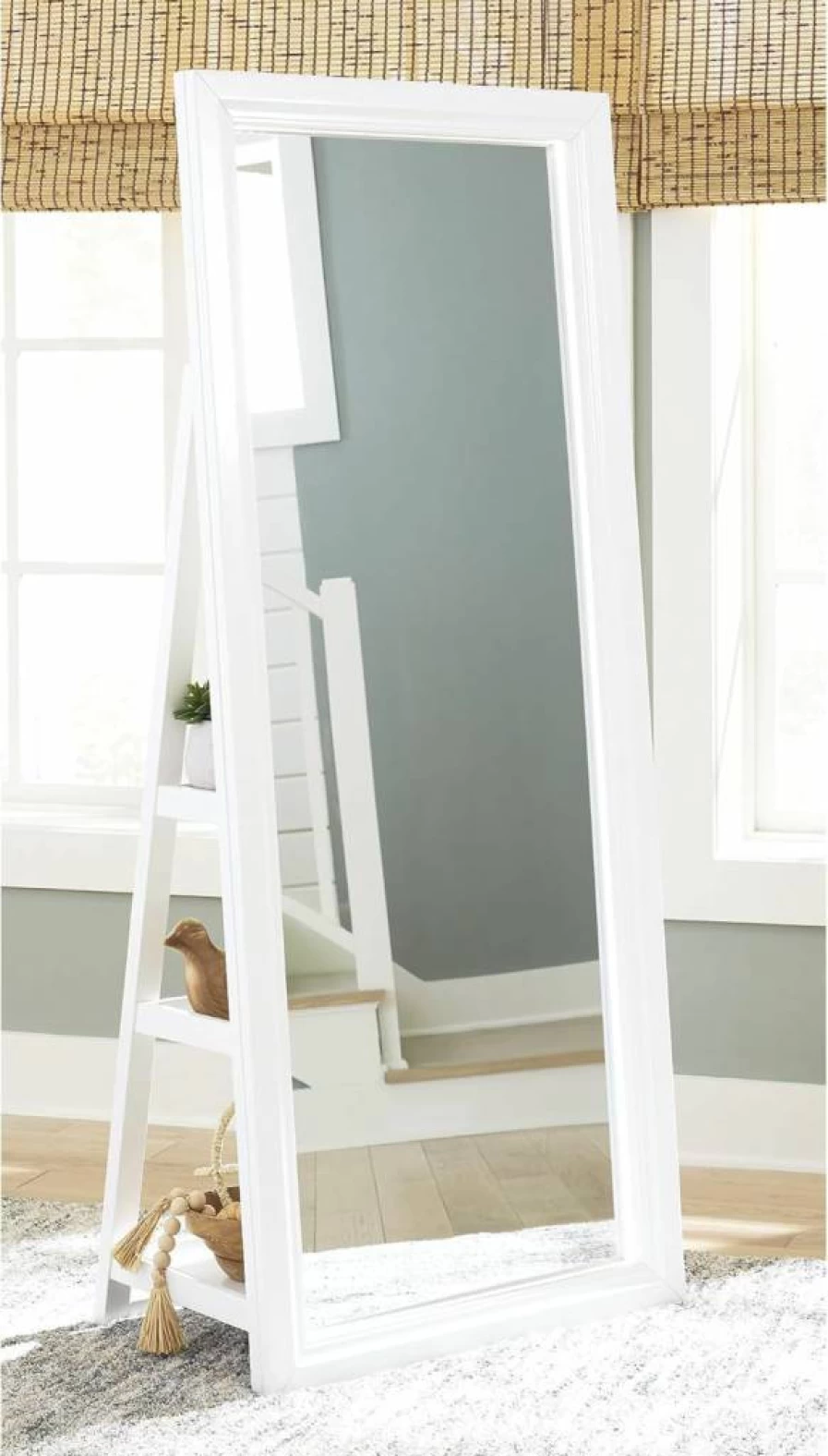 Signature Design by Ashley Evesen Modern LED Floor Mirror with 3 Shelves - White Full-Length Standing Mirror for Home Decor