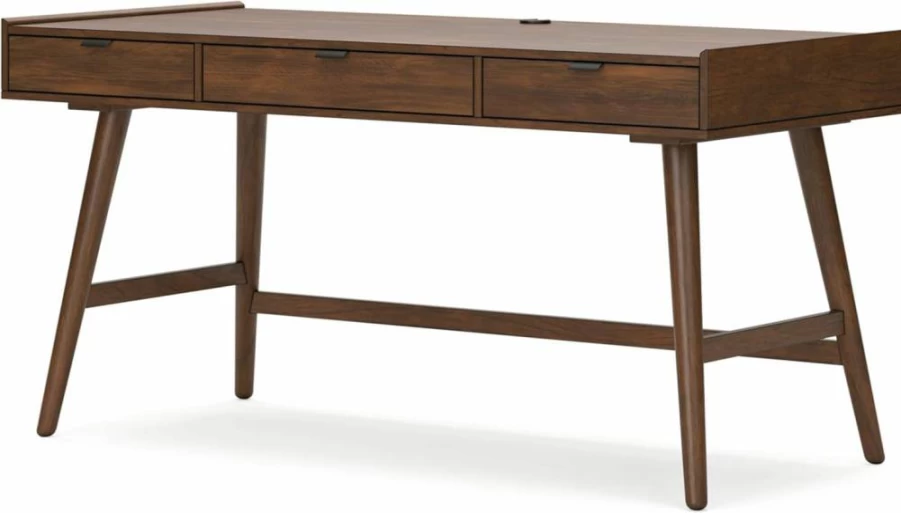 Signature Design by Ashley Lyncott 60" Mid Century Modern Office Desk with 3 Drawers, Cord Management, Open Cubby & Tapered Legs - Dark Brown