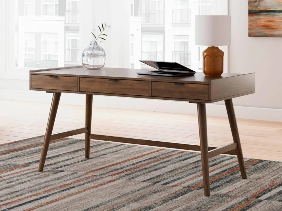Signature Design by Ashley Lyncott 60" Mid Century Modern Office Desk with 3 Drawers, Cord Management, Open Cubby & Tapered Legs - Dark Brown