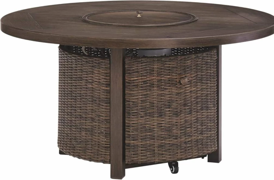 Signature Design by Ashley Round Brown Wicker Outdoor Fire Pit Table - Paradise Trail Patio Heater
