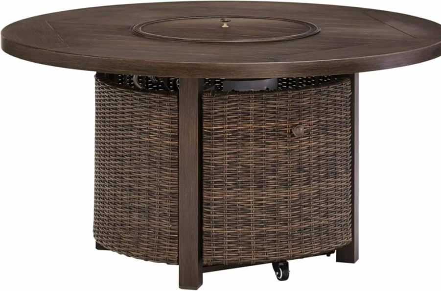 Signature Design by Ashley Round Brown Wicker Outdoor Fire Pit Table - Paradise Trail Patio Heater