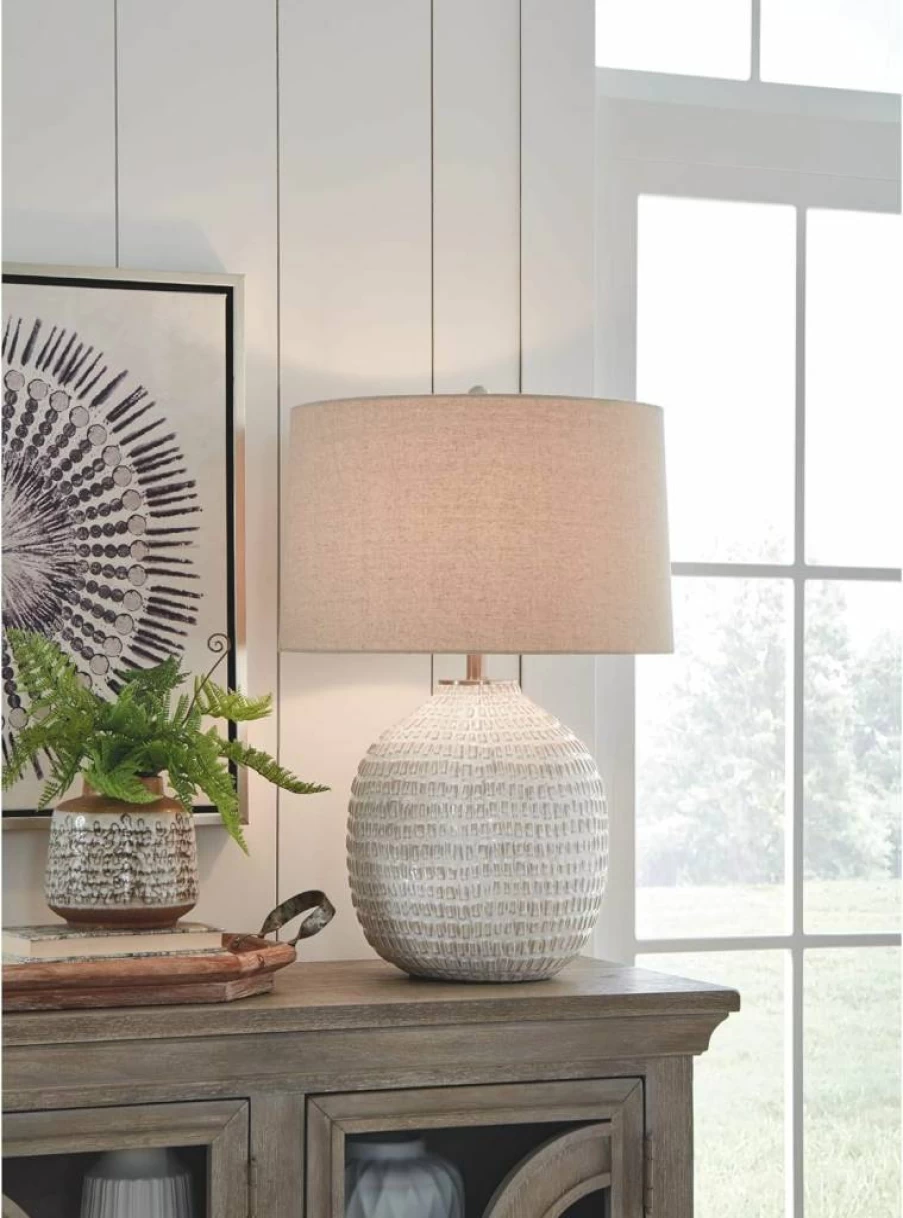 Signature Design by Ashley Jamon 26" Round Beige Ceramic Table Lamp - Contemporary Textured Finish