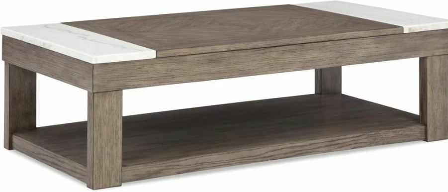 Signature Design by Ashley Loyaska Lift-Top Coffee Table - Brown & White Marble Accent Casual Table with Lower Shelf & Casters