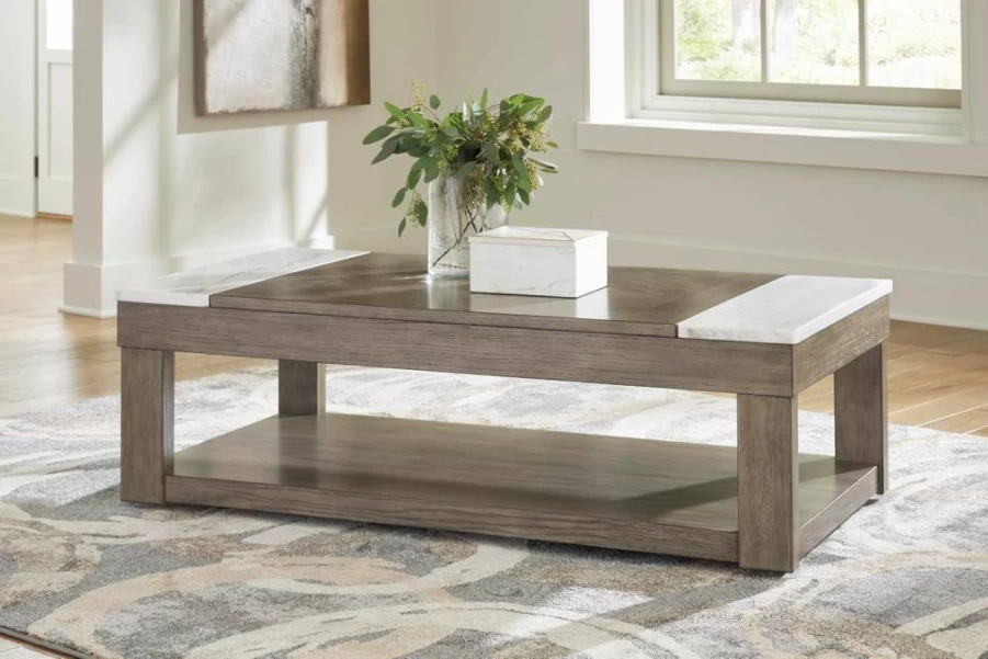 Signature Design by Ashley Loyaska Lift-Top Coffee Table - Brown & White Marble Accent Casual Table with Lower Shelf & Casters