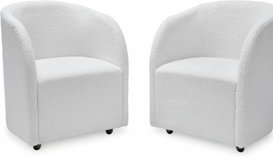 Signature Design by Ashley Rowanbeck Modern Upholstered Dining Chairs with Wheels, Set of 2, White Fabric, Contemporary Kitchen Seating