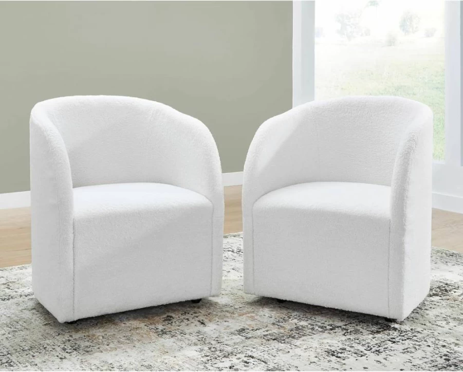 Signature Design by Ashley Rowanbeck Modern Upholstered Dining Chairs with Wheels, Set of 2, White Fabric, Contemporary Kitchen Seating