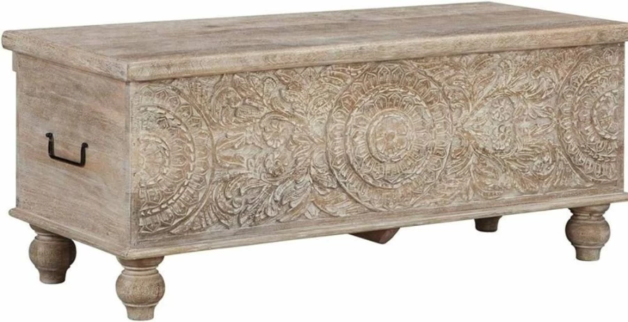 Signature Design by Ashley Fossile Ridge Boho Carved Wood Storage Bench with Hinge Top, Beige - Stylish Boho Chic Entryway Bench with Hidden Storage