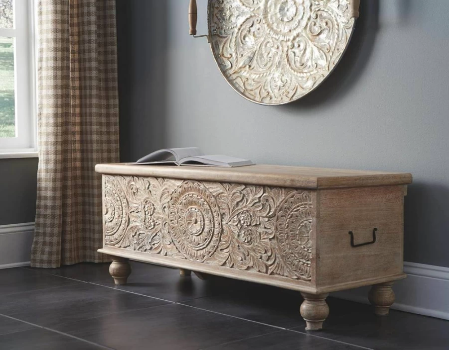Signature Design by Ashley Fossile Ridge Boho Carved Wood Storage Bench with Hinge Top, Beige - Stylish Boho Chic Entryway Bench with Hidden Storage
