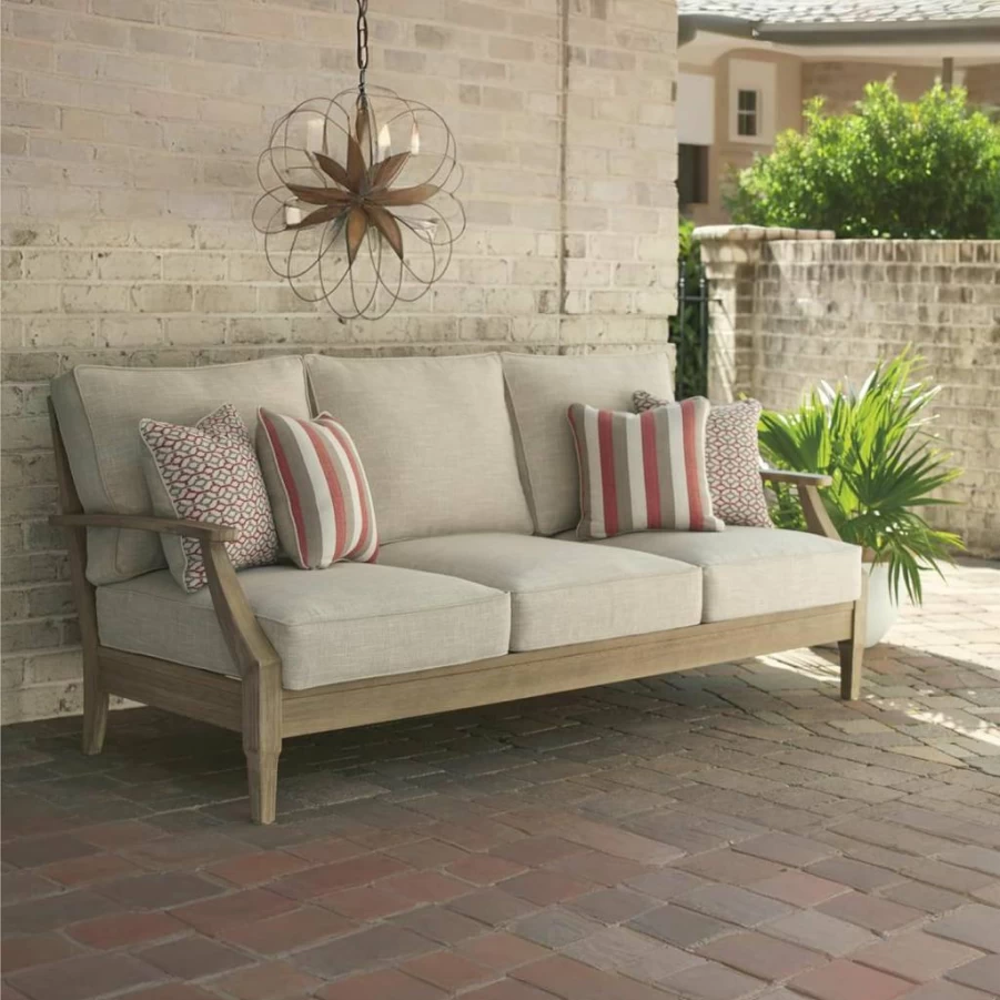 Signature Design by Ashley Clare View Outdoor Lounge Chair with Single Cushion, Eucalyptus Wood Frame, Beige Fabric