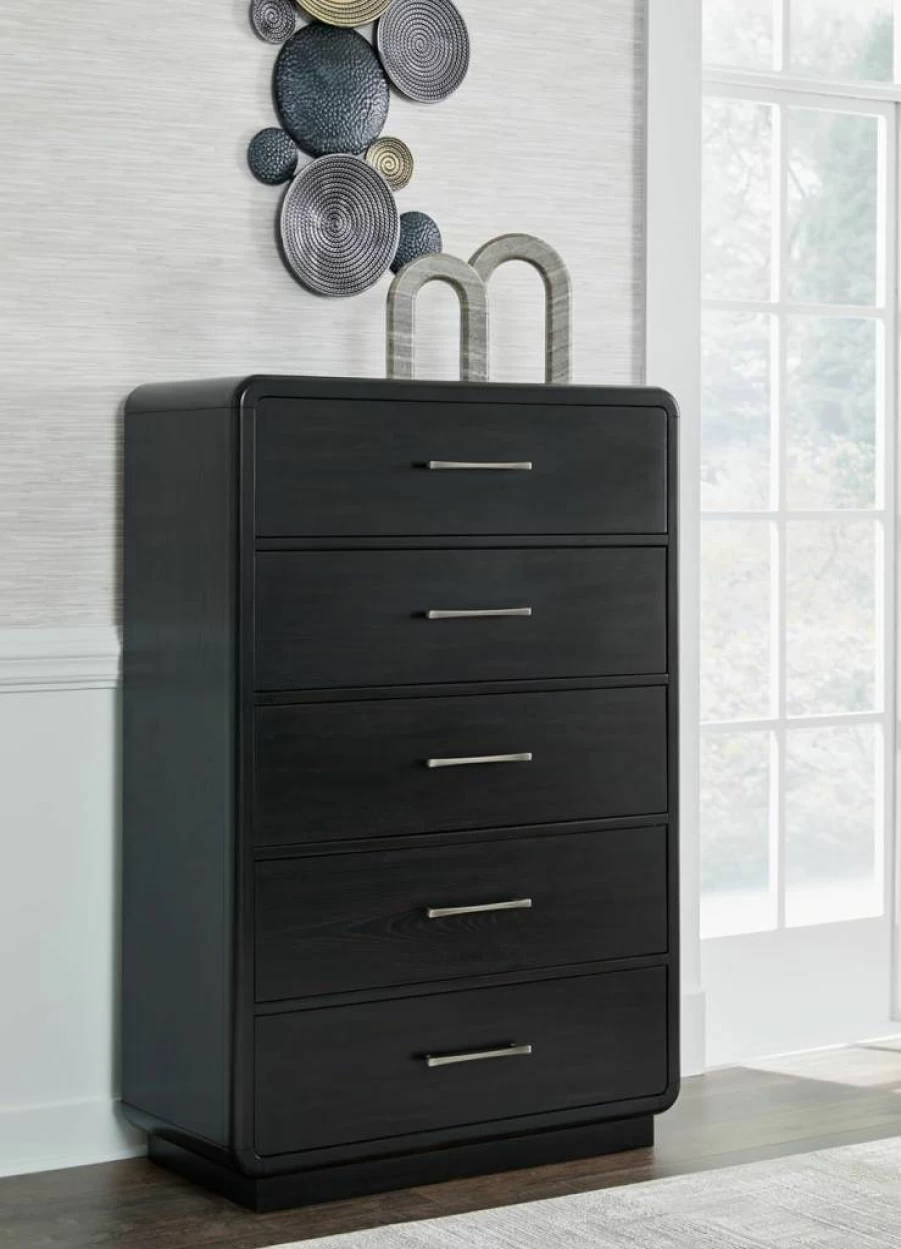 Signature Design by Ashley Rowanbeck Modern 5-Drawer Dresser with Soft-Lined Top Drawer, Black Finish