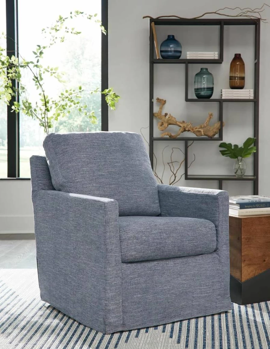 Signature Design by Ashley Nenana Swivel Glider Accent Chair with Removable Slipcover, UV-Resistant Nuvella Fabric, Casual Blue Upholstery