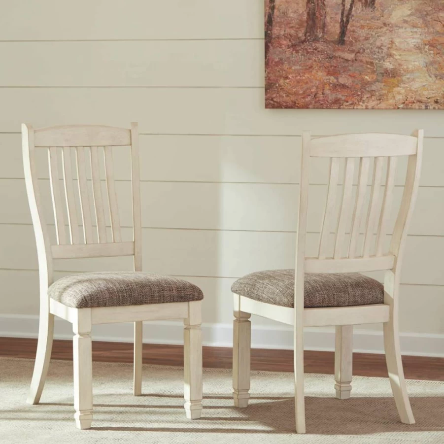 Signature Design by Ashley Bolanburg 20" Upholstered Dining Chair Set of 2, Antique White Fabric, Modern Kitchen Side Chairs, Comfortable Seating for Dining Room