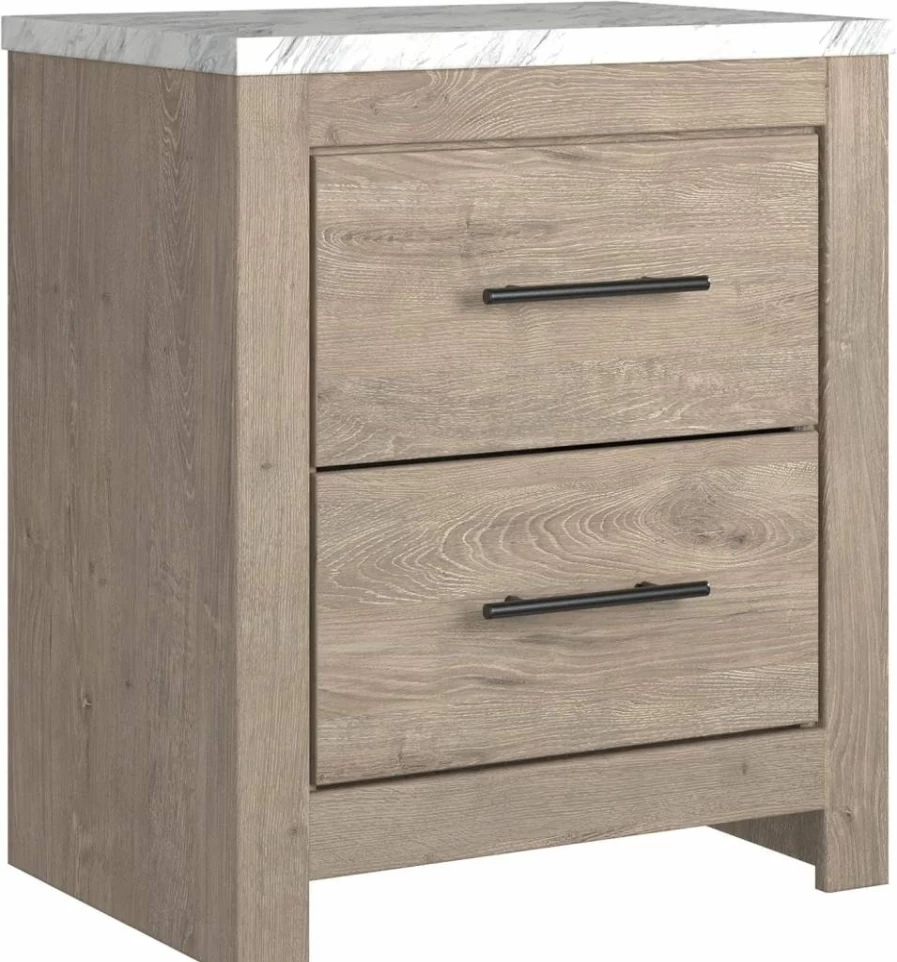 Signature Design by Ashley Senniberg Modern Nightstand with Faux Marble Top, 2-Drawer Light Brown & White Bedside Table, 24.72" Height