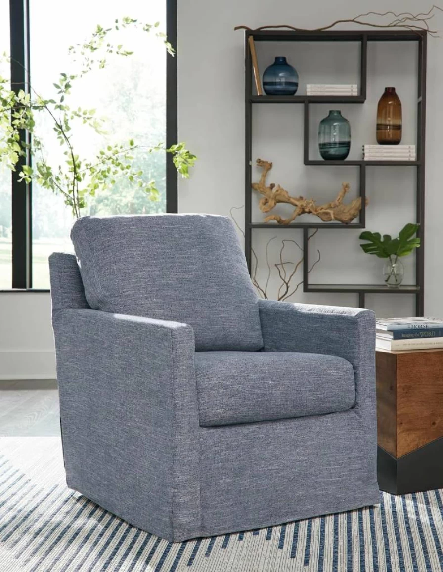Signature Design by Ashley Nenana Swivel Glider Accent Chair with Removable Slipcover, UV-Resistant Nuvella Fabric, Light Gray