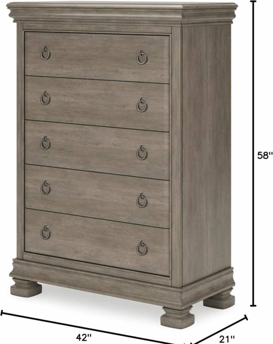 Signature Design by Ashley Lexorne 5-Drawer Chest with Felt Liner, Traditional Gray Dresser for Bedroom Storage