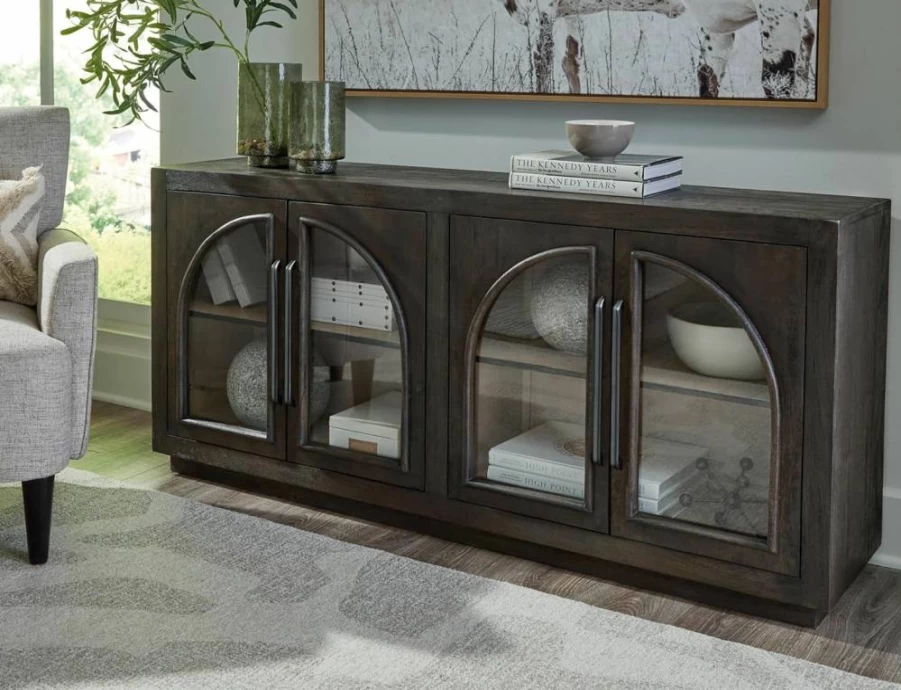 Signature Design by Ashley Dreley Dark Brown Accent Cabinet with Arched Glass Doors and 2 Shelves