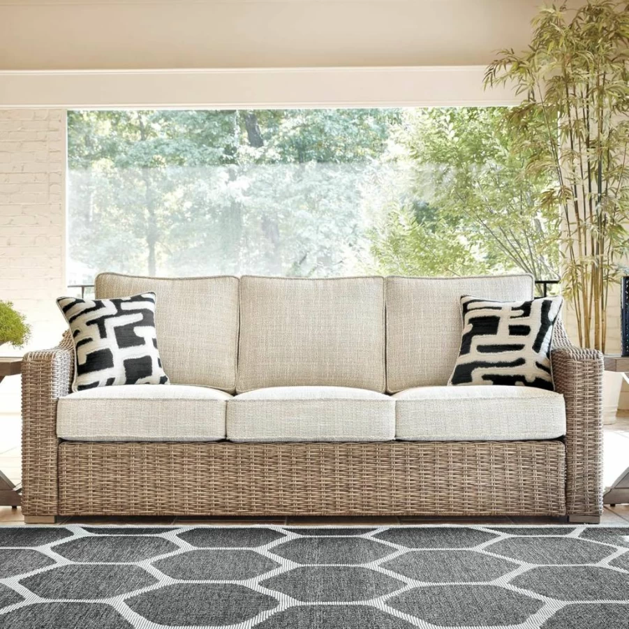 Signature Design by Ashley Beachcroft Outdoor Wicker Loveseat - Left & Right Arm Facing Patio Furniture in Brown & Beige