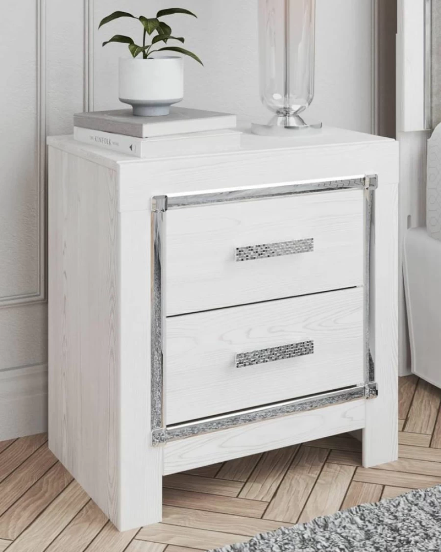 Signature Design by Ashley Lodanna Modern Glam Nightstand - 2 Drawers, USB & Wireless Charging, Gray Wood Grain, 24.41" Height
