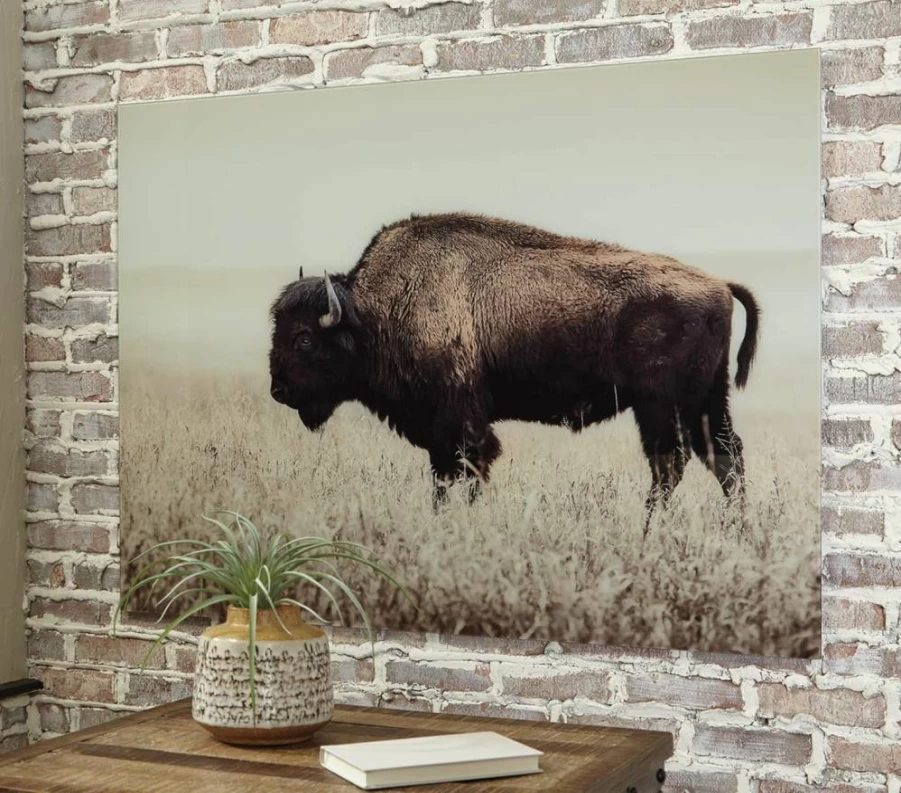 Signature Design by Ashley Brutus Rustic Bison Canvas Wall Art - 48x36 Inches, Brown Framed American Buffalo Painting, Western Home Decor