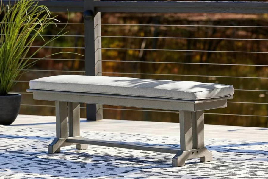 Signature Design by Ashley Visola Outdoor Patio Bench with Cushion - Gray HDPE Furniture for Garden, Deck, or Porch