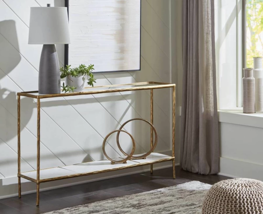 Signature Design by Ashley Ryandale Modern Sofa Table with Antique Brass Finish - Stylish Console Table for Living Room