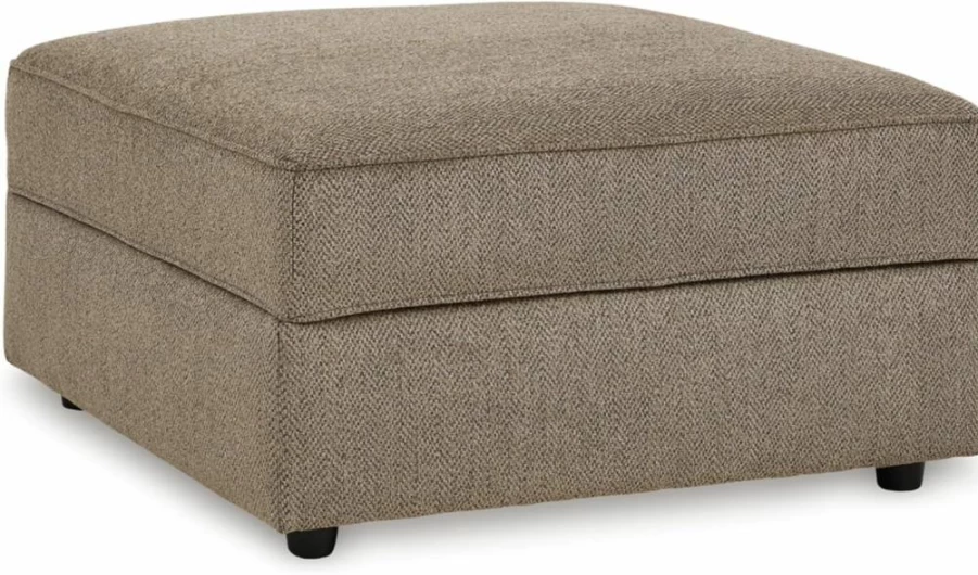 Signature Design by Ashley O'Phannon Light Brown Herringbone Storage Ottoman with Cup Holders, Square Casual Living Room Furniture