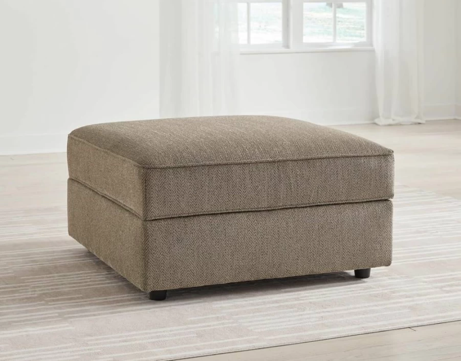 Signature Design by Ashley O'Phannon Light Brown Herringbone Storage Ottoman with Cup Holders, Square Casual Living Room Furniture