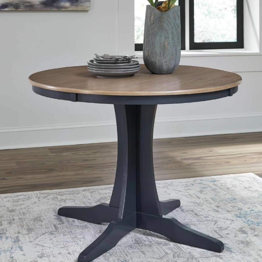 Signature Design by Ashley Landocken Casual Dining Table - Light Brown & Blue Pedestal Base, Modern Kitchen Table