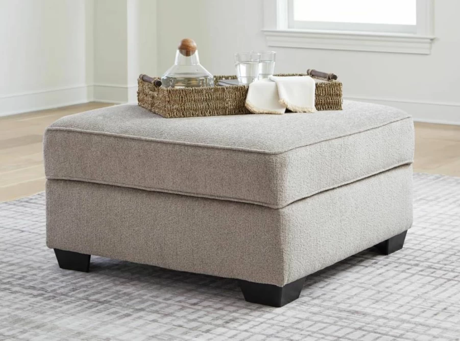 Signature Design by Ashley Cambri White Reversible Square Storage Ottoman with Cup Holders - Versatile Table Top Design