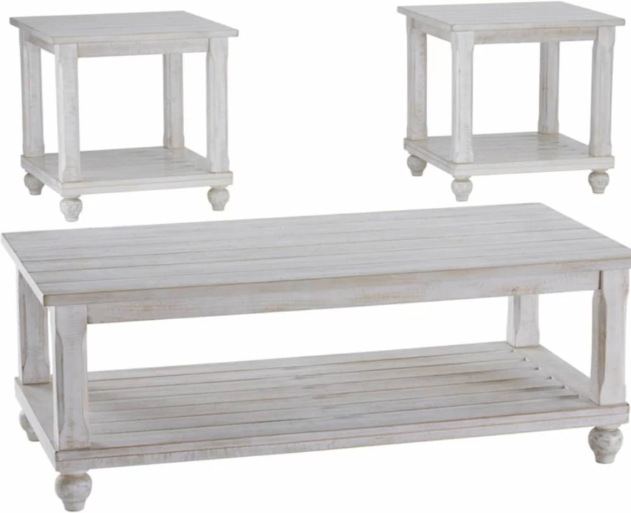 Signature Design by Ashley Cloudhurst 3-Piece Farmhouse Coffee Table Set with Storage - White Rustic Finish, 1 Coffee Table & 2 End Tables