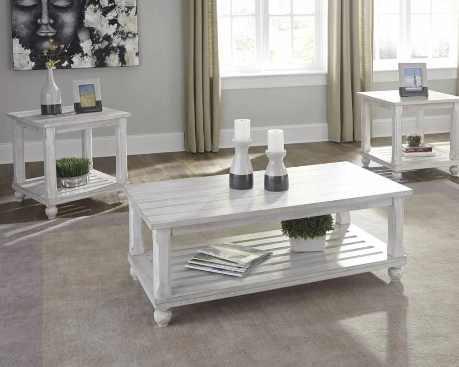 Signature Design by Ashley Cloudhurst 3-Piece Farmhouse Coffee Table Set with Storage - White Rustic Finish, 1 Coffee Table & 2 End Tables
