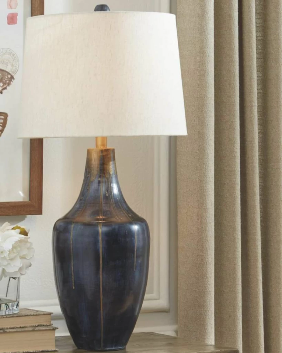 Signature Design by Ashley Evania 30" Modern Distressed Metal Table Lamp in Dark Blue & Gold Finish