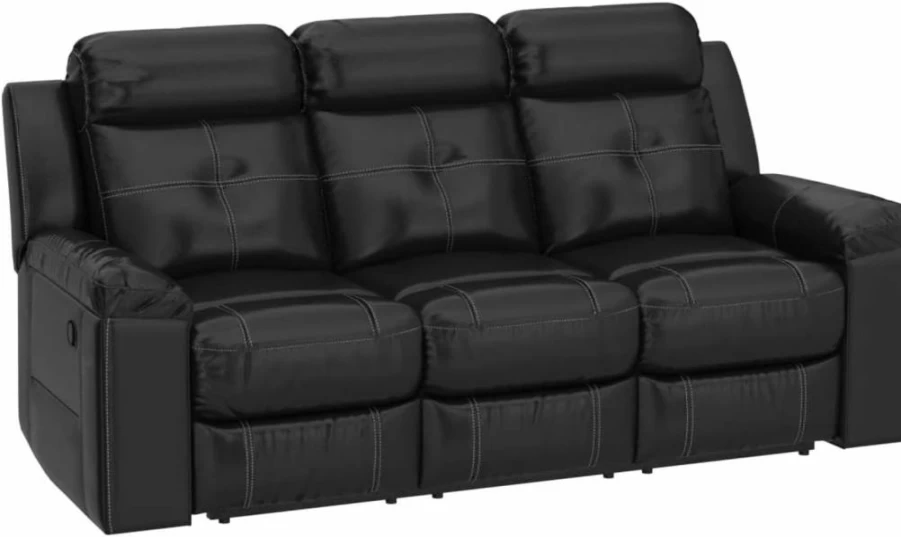 Signature Design by Ashley Kempten Black Faux Leather Manual Reclining Sofa with High Back & Blue LED Lighting