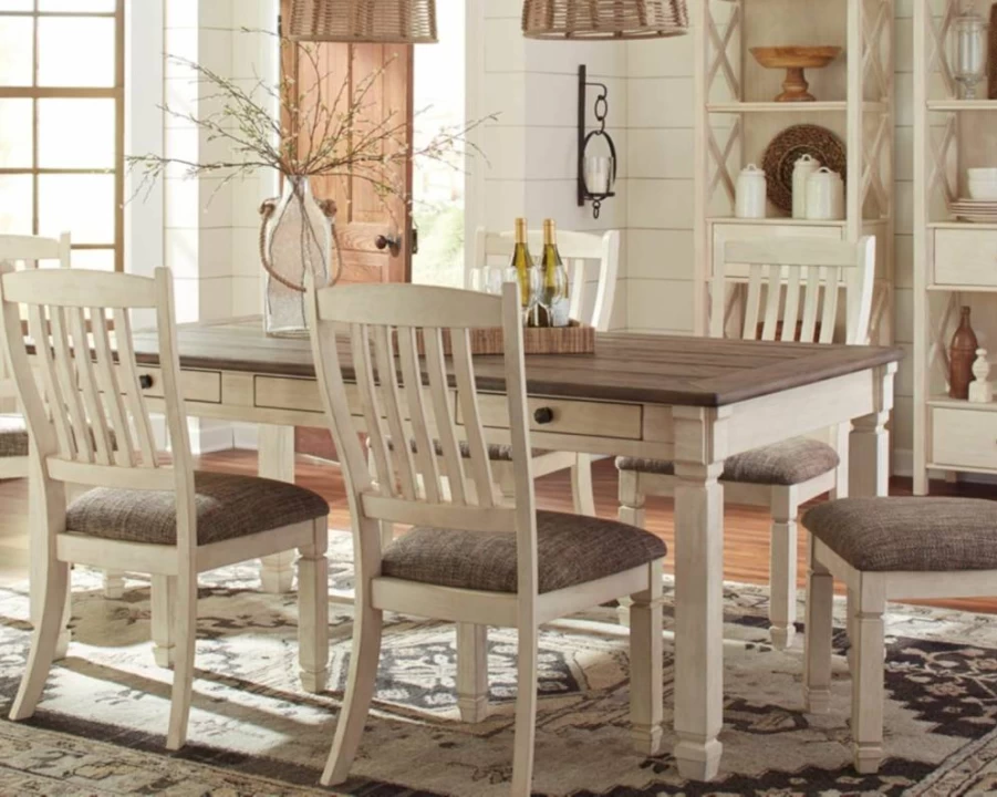 Signature Design by Ashley Bolanburg Whitewash Farmhouse Dining Table with Drawers - Extendable, Seats 6, Rustic Kitchen Table