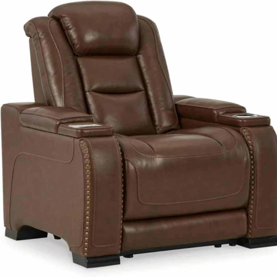 Signature Design by Ashley Man-Den Power Recliner with Adjustable Headrest - Mahogany Leather Living Room Chair