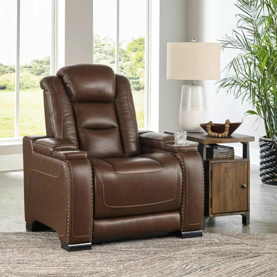 Signature Design by Ashley Man-Den Power Recliner with Adjustable Headrest - Mahogany Leather Living Room Chair