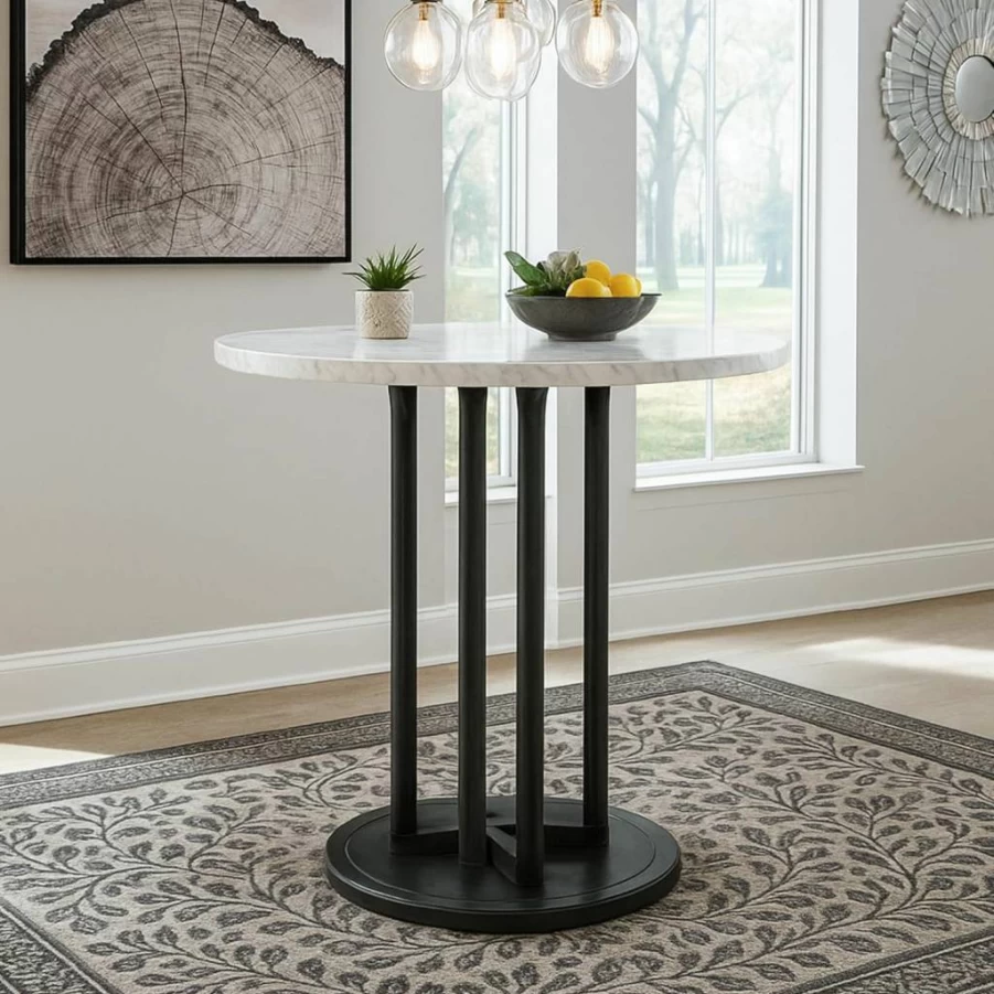 Signature Design by Ashley Centiar 42" Round Counter Height Dining Table - Modern Black & White Faux Marble Top Kitchen Table