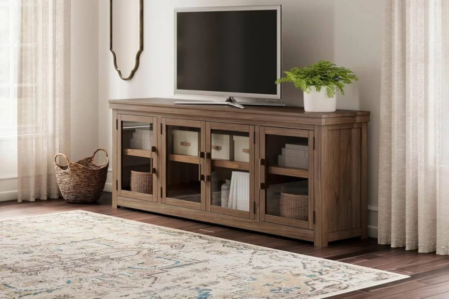 Signature Design by Ashley BorderNest 85" TV Stand for TVs Up to 97" - Dark Brown with 3 Cabinets, 4 Doors & Adjustable Shelves