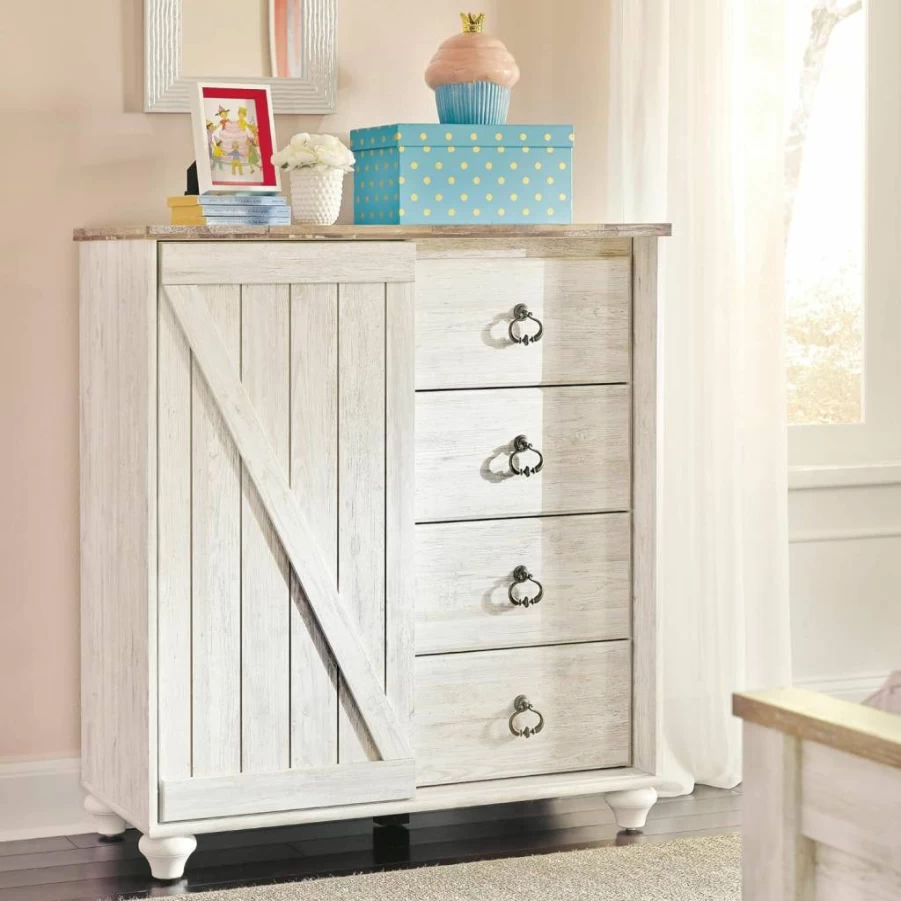 Signature Design by Ashley Willowton Whitewash Shabby Chic Dressing Chest with Faux Wood Top