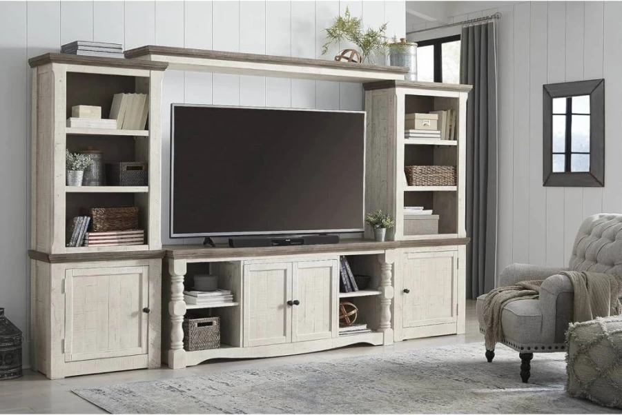 Signature Design by Ashley Havalance Modern Farmhouse Pier Cabinet with Shelves - Weathered Gray & Vintage White Storage Solution