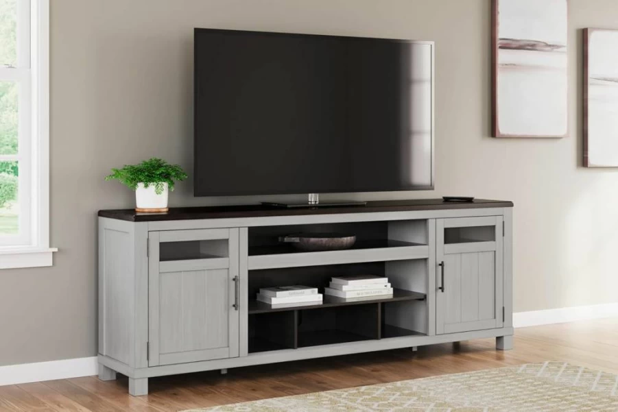 Signature Design by Ashley Darborn 88" Farmhouse TV Stand with Adjustable Shelves & Fireplace Option, Light Gray & Dark Brown Media Console for TVs Up to 101